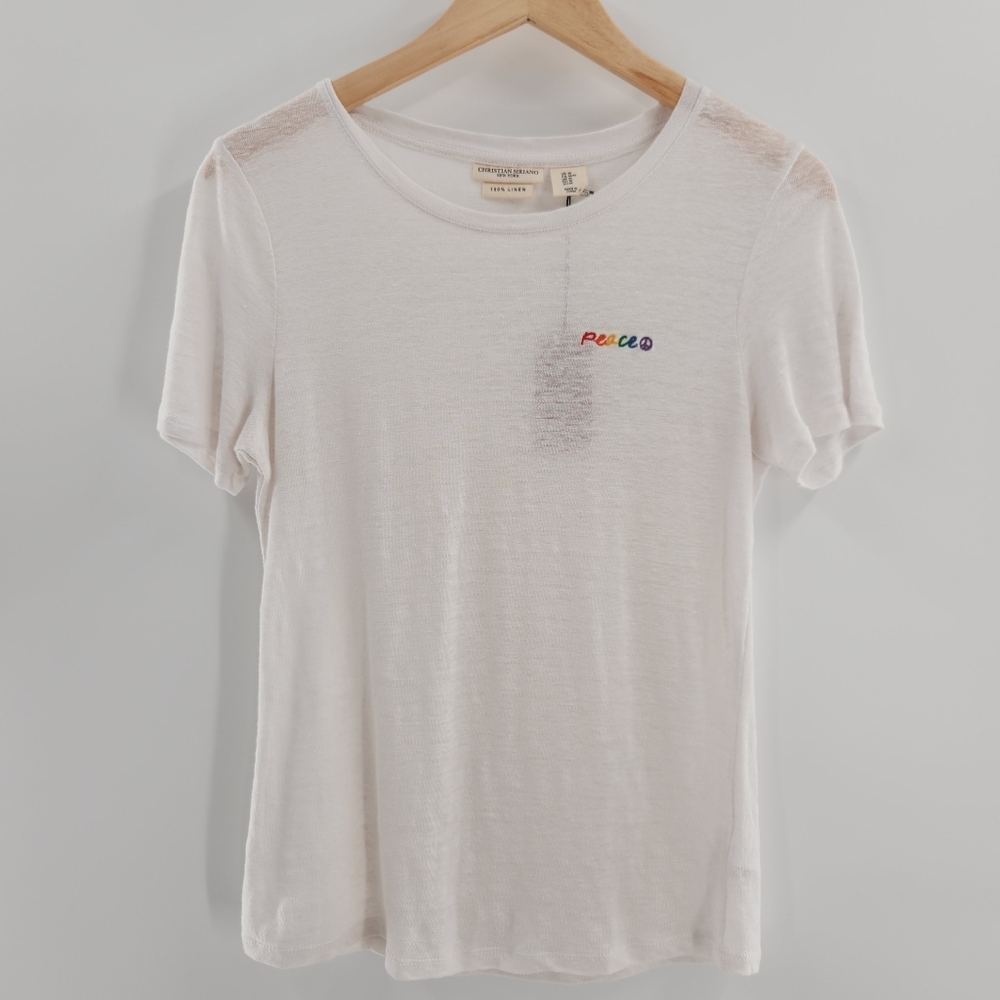 Christian Siriano 100% Linen T-shirt w/Rainbow Peace Embroided Womens Medium